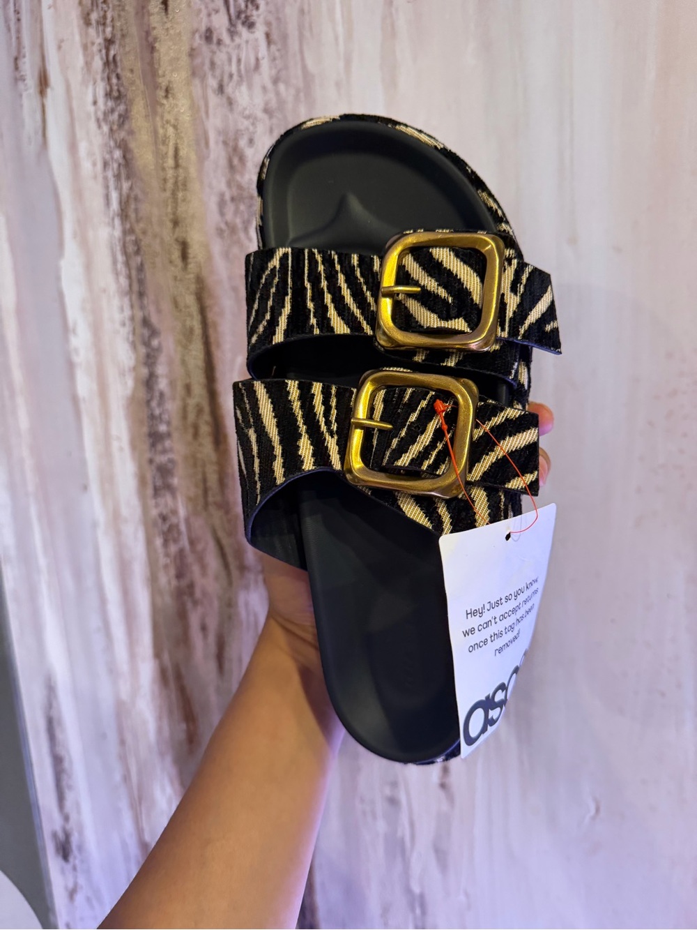 ASOS Black and Cream Zebra-Print Slide Sandals with Gold Buckles - Picture 2 of 5
